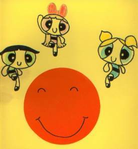 drawing Powerpuff Girls and Smiley cartoon.